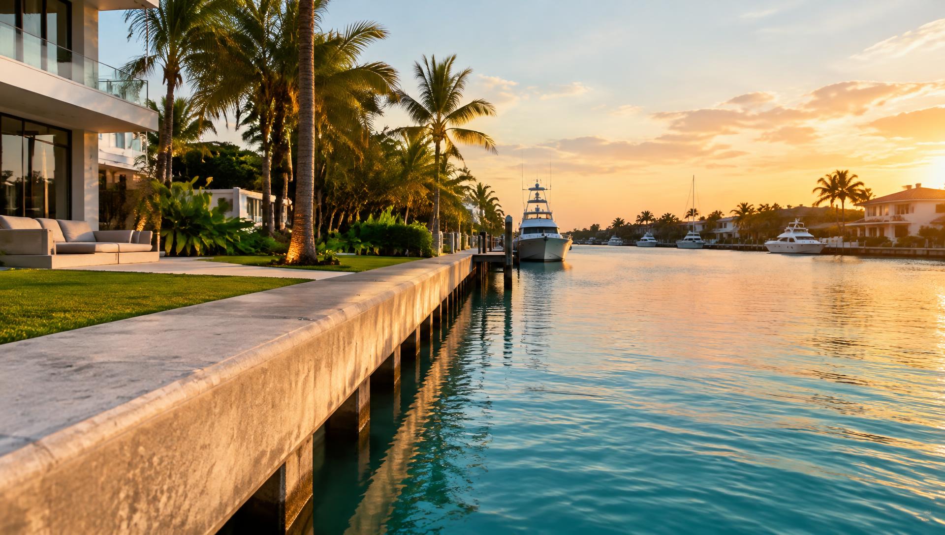 Concrete seawall along a Fort Lauderdale canal with boats docked at waterfront homes